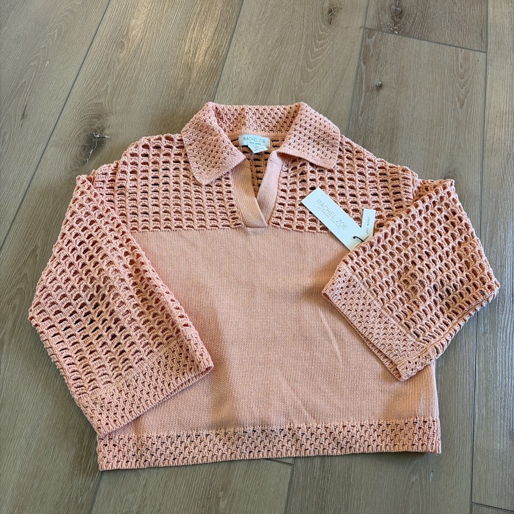 Rachel Zoe Peach Open-Knit V‑Neck‎ Crochet Cropped Sweater Size Medium Cottage